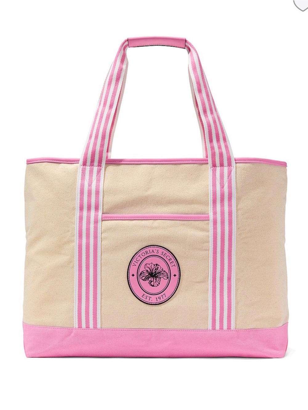 Victoria's Secret Tote Bag Women OS Cream Pink Preppy Canvas Beach Striped